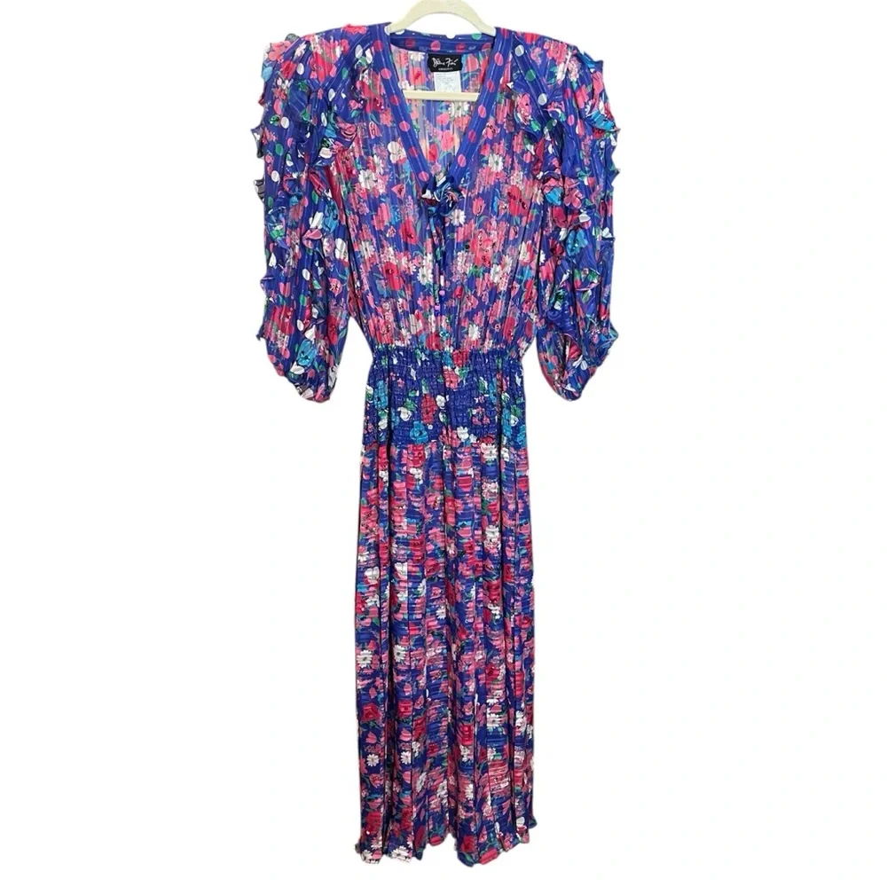 Diane Freis Original Vintage Midi Dress Blue Floral Sequin Boho 80s - Picture 3 of 12